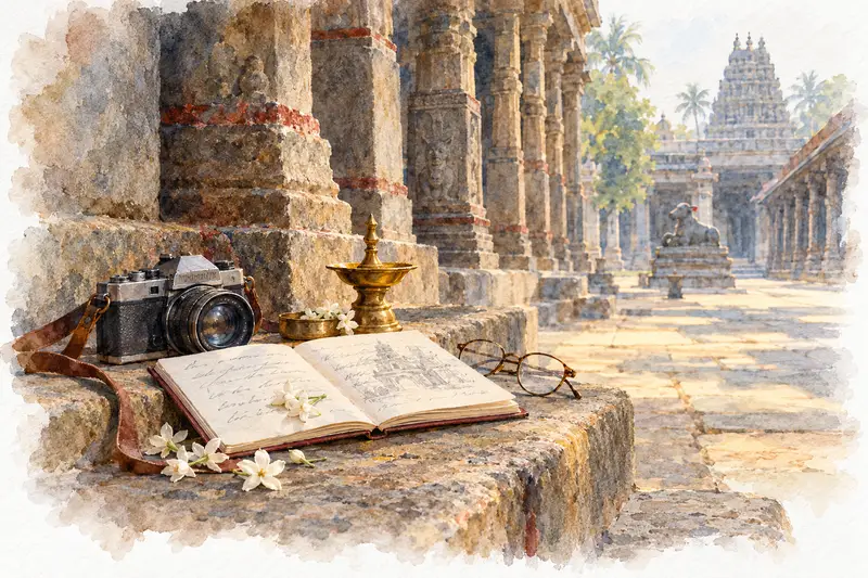 Watercolour illustration, AI generated: A travel notebook, a camera and jasmine on temple steps