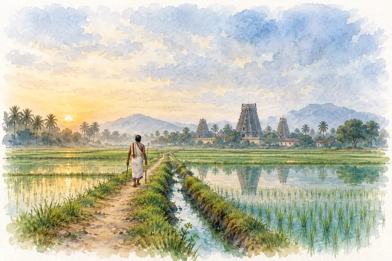 Watercolour illustration, AI generated: A path through paddy fields toward a distant gopuram