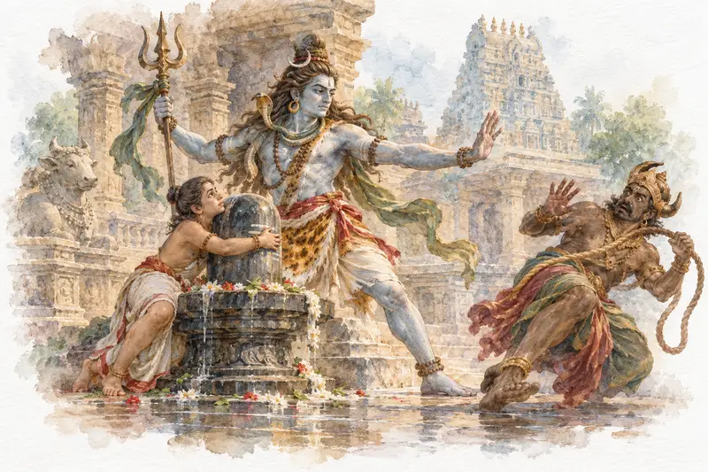 Watercolour illustration, AI generated: Shiva protecting the boy Markandeya from Yama