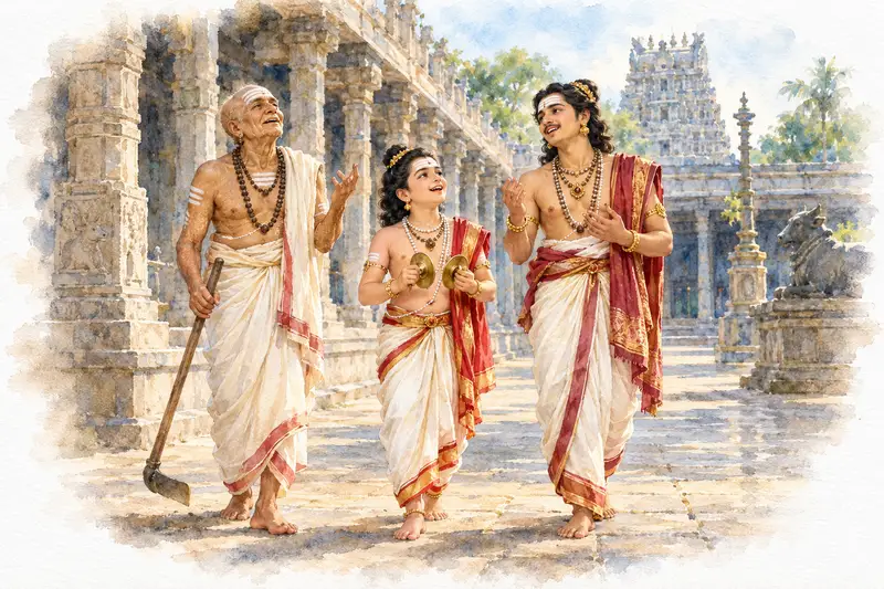 Watercolour illustration, AI generated: Appar, Sambandar and Sundarar walking in a temple corridor