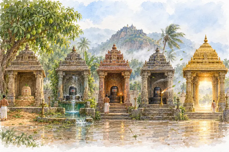 Watercolour illustration, AI generated: Five small shrines for the five elements