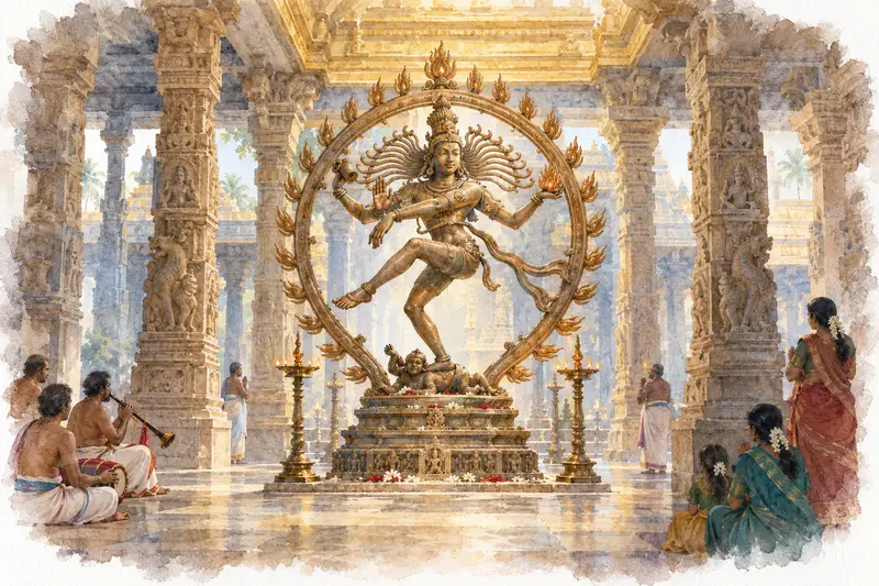 Watercolour illustration, AI generated: Nataraja dancing in a pillared hall, musicians watching