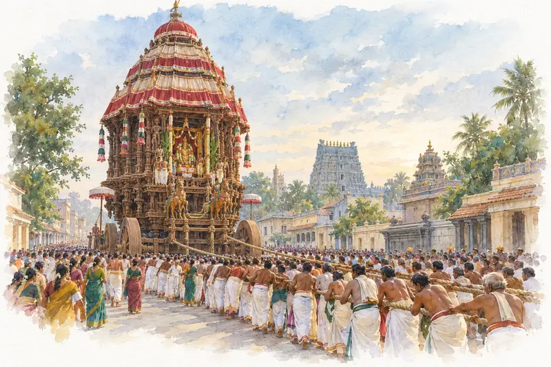 Watercolour illustration, AI generated: Crowds pulling a great wooden temple chariot