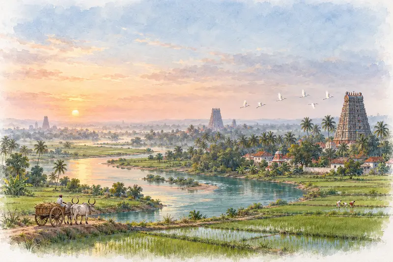 Watercolour illustration, AI generated: The Kaveri delta at sunrise, gopurams rising from villages among paddy