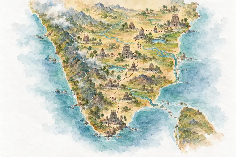 Watercolour illustration, AI generated: An old pilgrim's map with rivers, hills and temple towers
