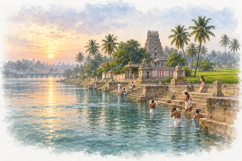 Watercolour illustration, AI generated: The Kaveri with bathing ghats, a gopuram among palms and paddy