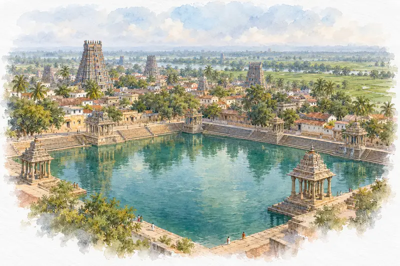 Watercolour illustration, AI generated: A great stepped temple tank with mandapams, gopurams beyond