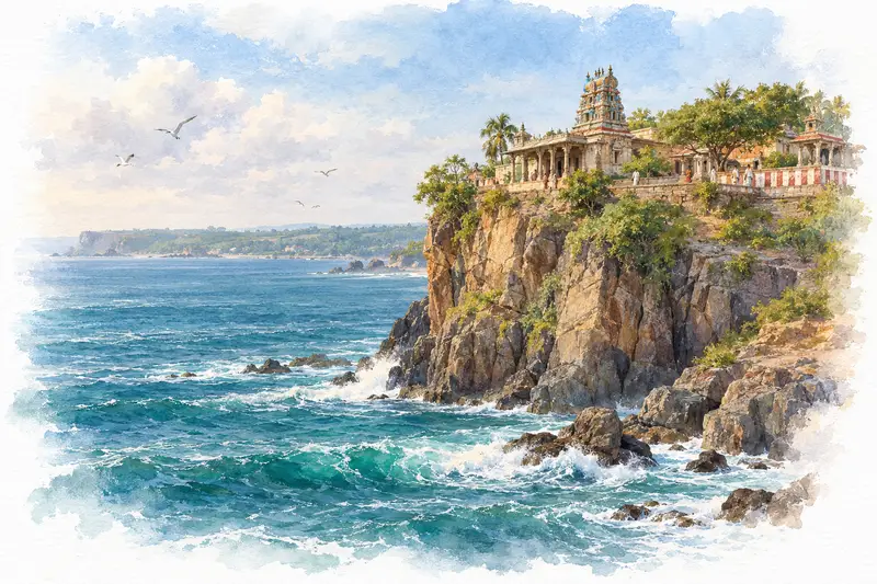 Watercolour illustration, AI generated: A temple on a sea cliff above the ocean