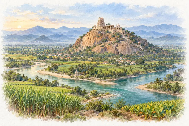 Watercolour illustration, AI generated: A hill temple above two rivers meeting, fields and blue hills