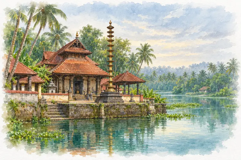 Watercolour illustration, AI generated: A Kerala temple with sloping roofs and a lamp tower by a lagoon