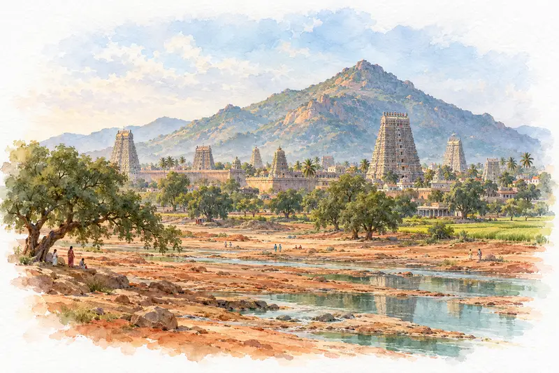 Watercolour illustration, AI generated: A sacred hill rising over a temple with gopurams, red earth