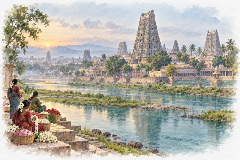 Watercolour illustration, AI generated: Sculpted gopurams of a temple city seen across the Vaigai