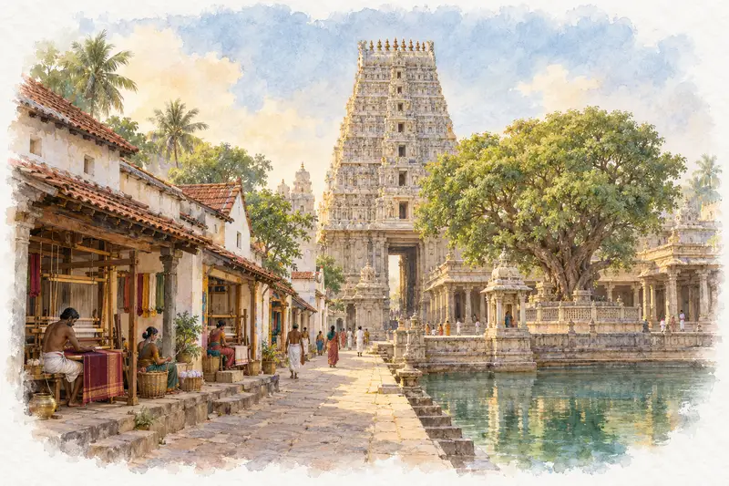 Watercolour illustration, AI generated: A tall Rajagopuram, an old mango tree and weavers' houses