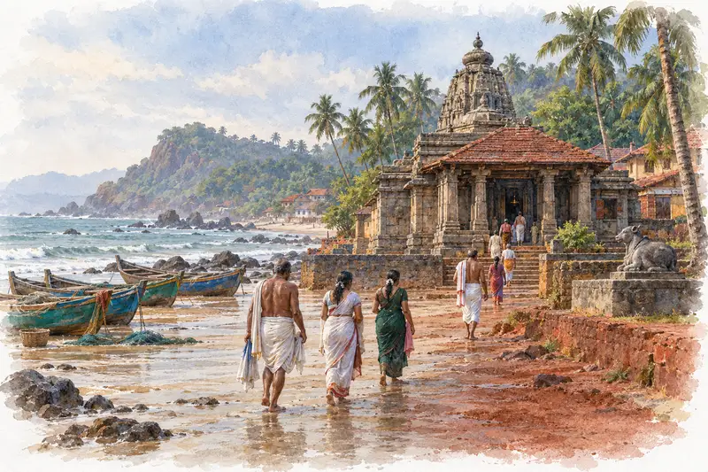 Watercolour illustration, AI generated: A stone temple by the sea, boats on the sand, pilgrims