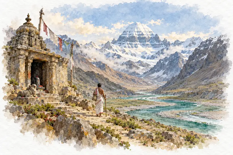 Watercolour illustration, AI generated: Snow peaks with a small Shiva shrine and a lone pilgrim