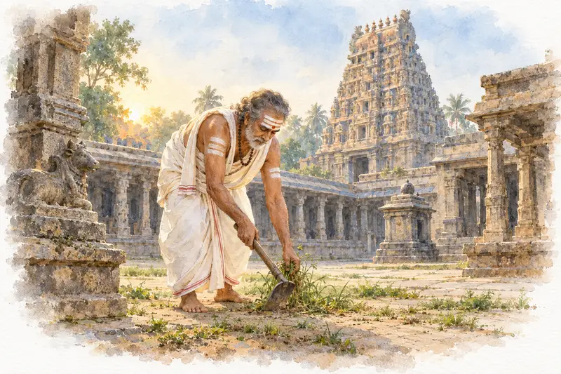 Watercolour illustration, AI generated: Appar clearing a temple courtyard with a small hoe