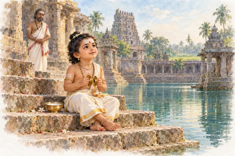Watercolour illustration, AI generated: The child saint Sambandar with small golden cymbals by a temple tank
