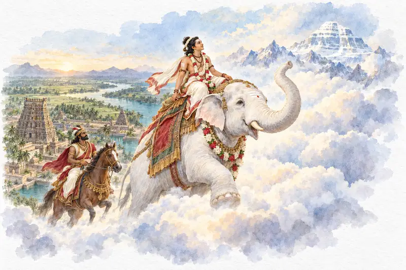 Watercolour illustration, AI generated: Sundarar riding a white elephant into the clouds
