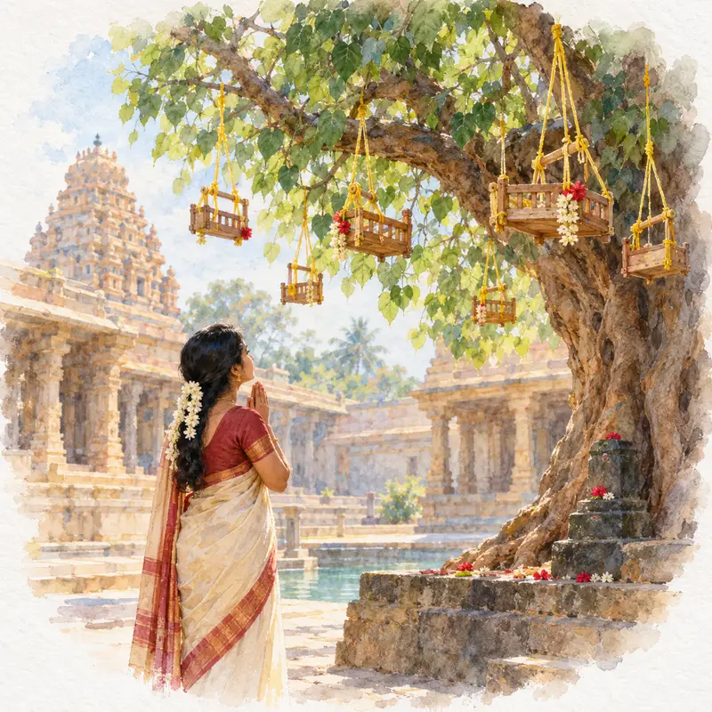 Watercolour illustration, AI generated: Small cradles tied to a sacred tree, a mother praying