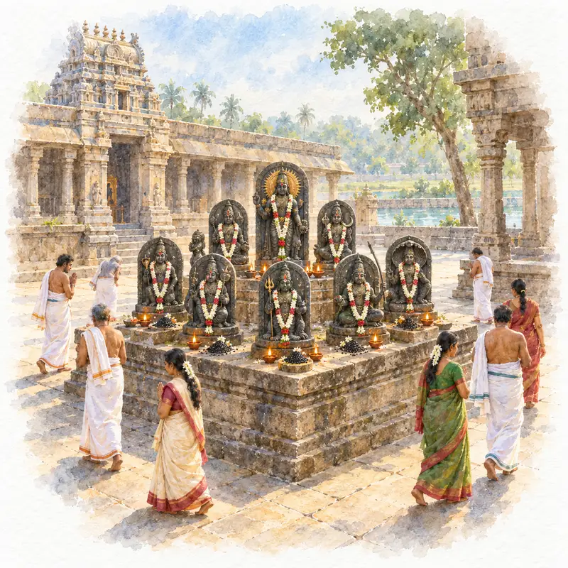 Watercolour illustration, AI generated: Devotees walking around a Navagraha shrine