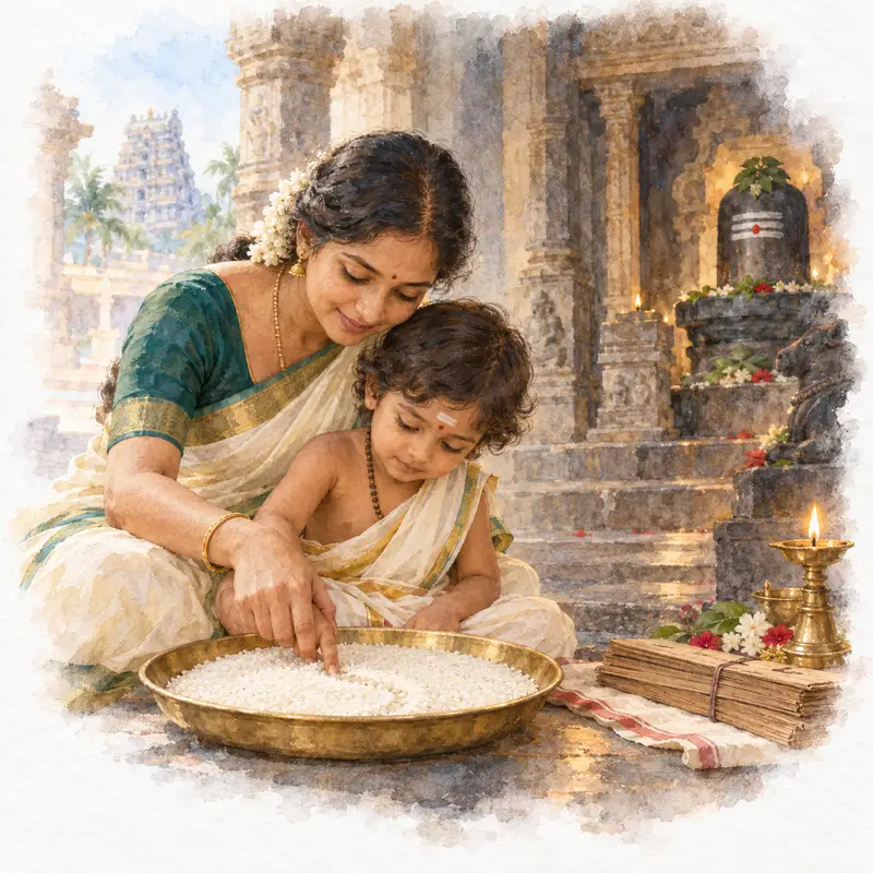 Watercolour illustration, AI generated: A child writing a first letter in rice