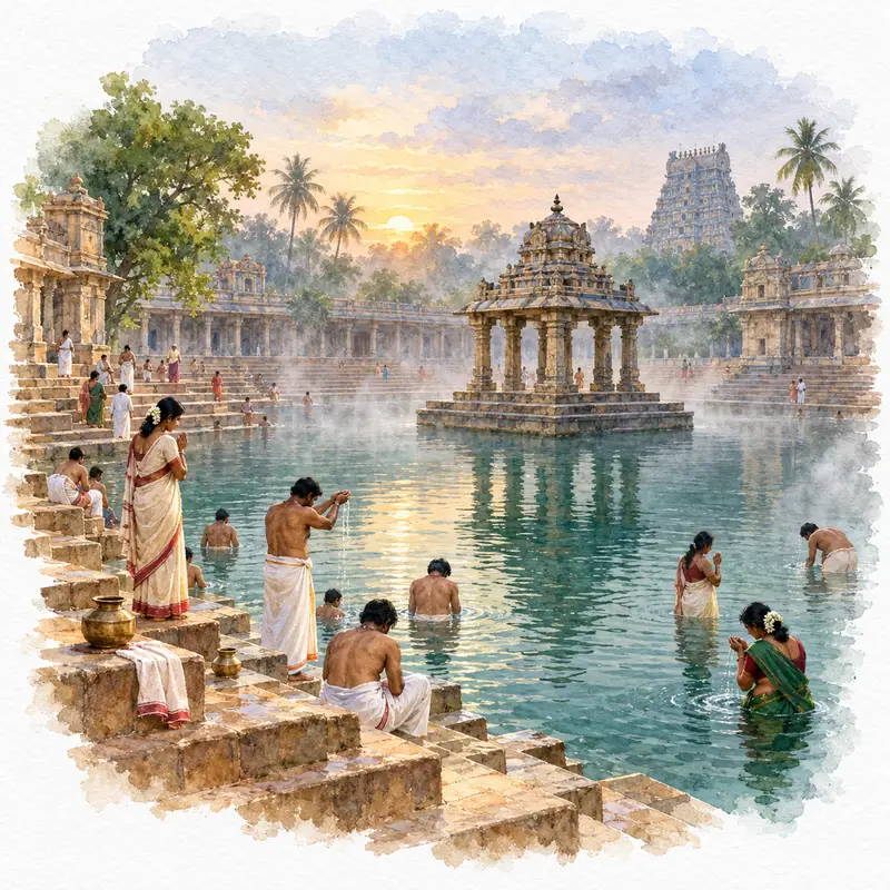Watercolour illustration, AI generated: Pilgrims bathing in a temple tank at dawn