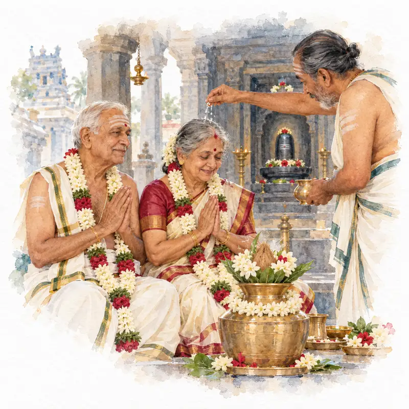 Watercolour illustration, AI generated: An elderly couple receiving blessings at a temple