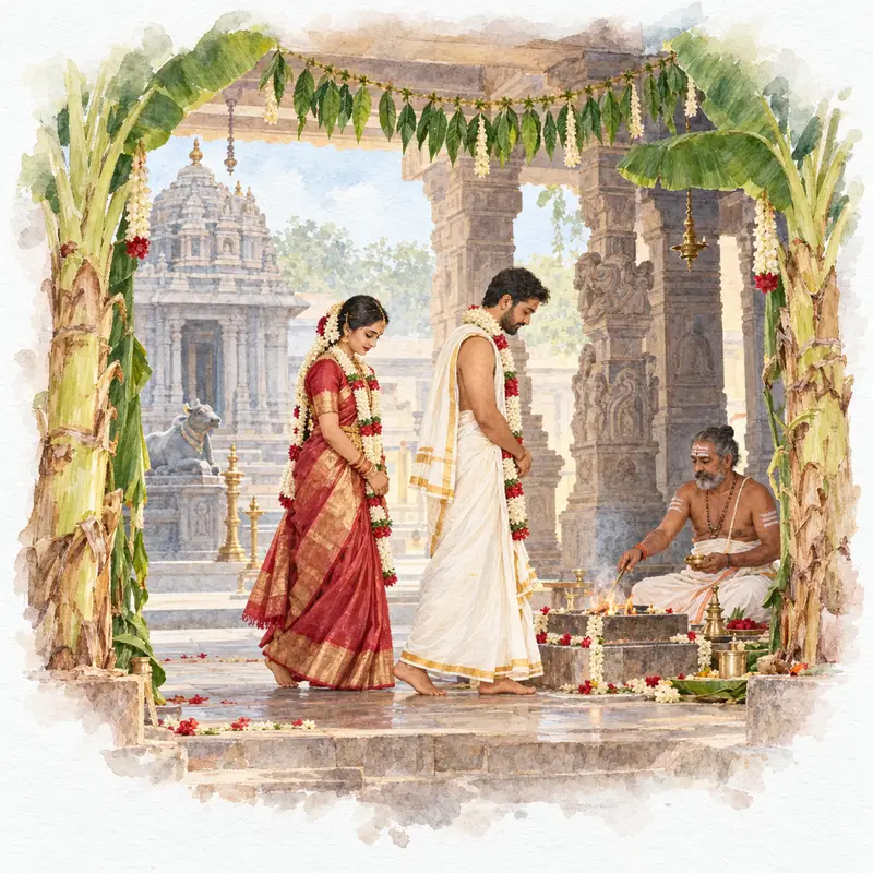 Watercolour illustration, AI generated: A bride and groom with garlands at a temple