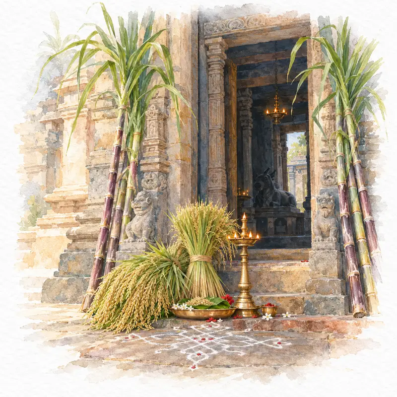 Watercolour illustration, AI generated: Paddy sheaves and a brass lamp at a temple door
