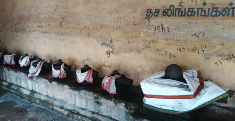 Row of cloth-draped lingams on a platform by a wall