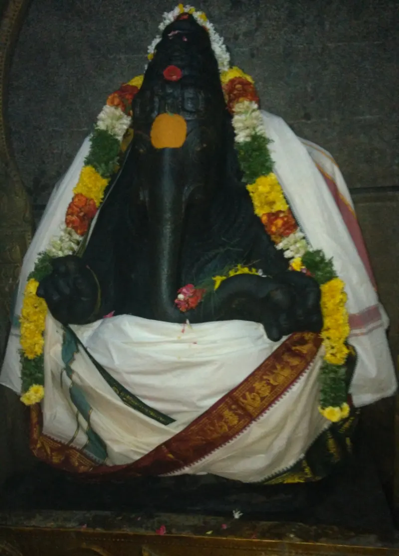 A black stone elephant-headed idol draped in white cloth with garlands of yellow and orange flowers