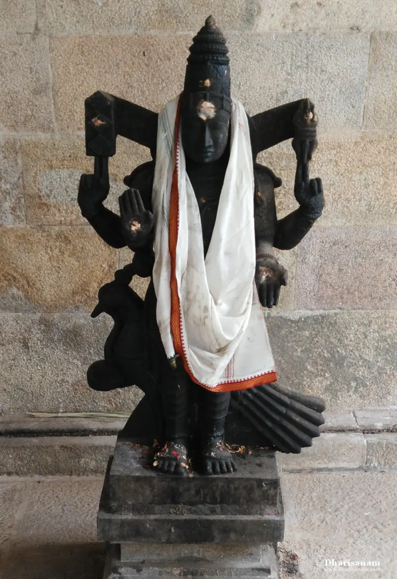 Standing black stone idol with several arms and a peacock behind it, draped in a white cloth