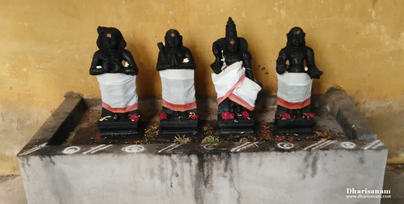 Standing dark stone idols draped in white cloth with flowers at their feet