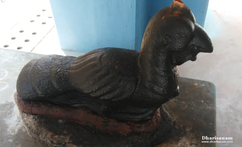 A dark stone peacock seated on a low platform, beside a blue pillar.
