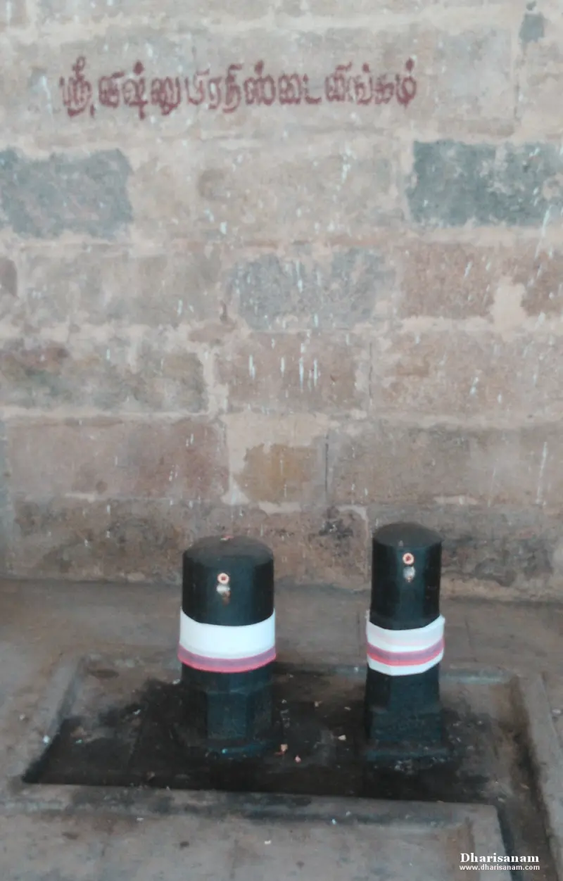 Two black Shivalingams with cloth bands on a stone floor, with Sri Vishnu Prathishta Lingam written above