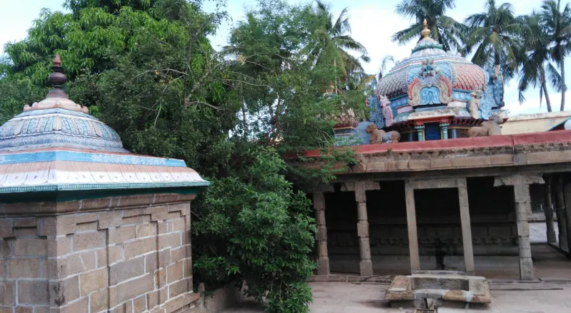 A painted shrine dome on the left, green trees in the middle, and a sanctum roof over a corridor on the right