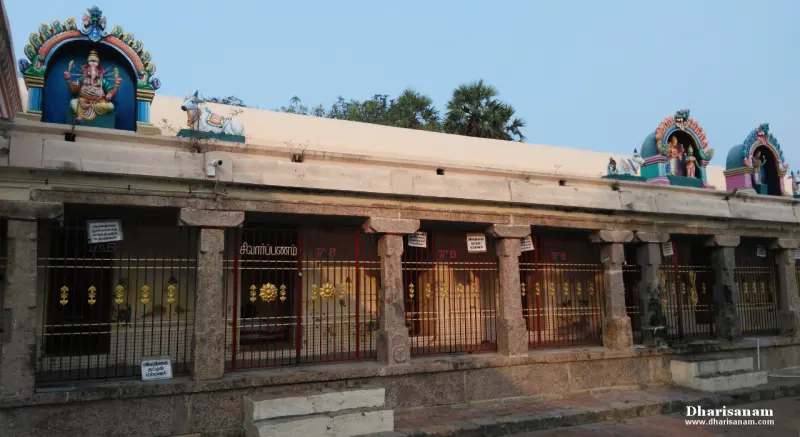 Row of gated shrines with a Vinayakar sculpture on the roof