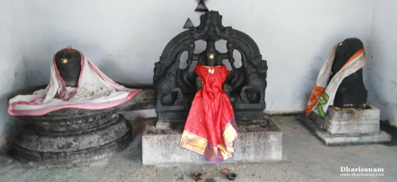 Two lingams draped in cloth on either side of a goddess idol in red.