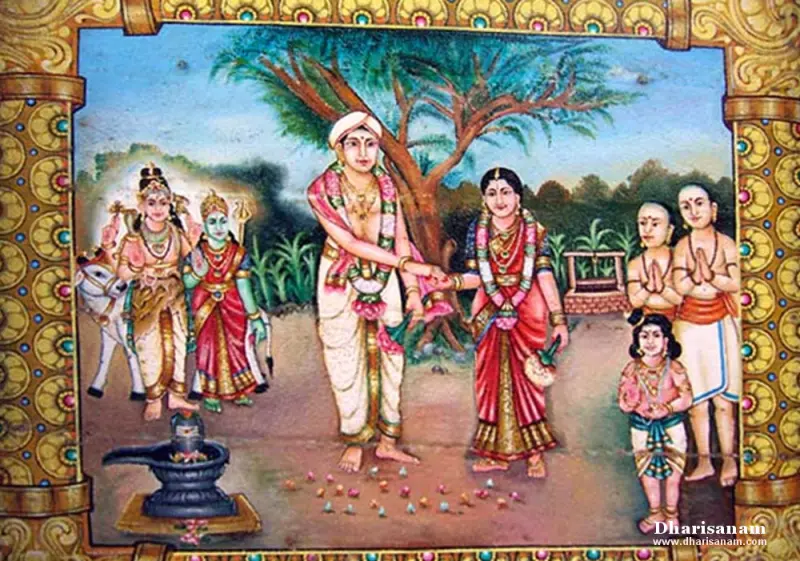 Painting of a groom and bride joining hands under a tree, with Shiva and Parvathy behind them