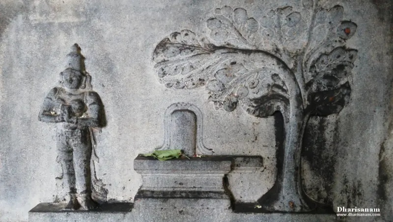 Stone relief with a figure with folded hands, a lingam on a pedestal and a large tree
