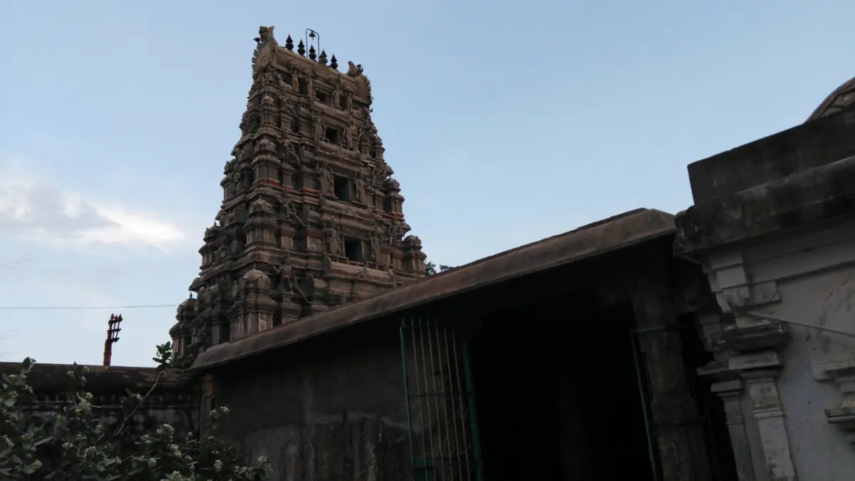 A tiered gopuram with carved figures rising above a tiled roof under a pale sky