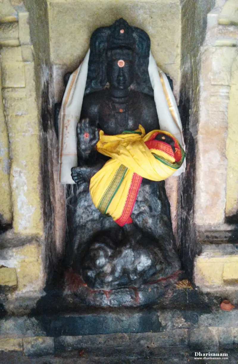 A dark stone goddess draped in yellow cloth, seated above a lion