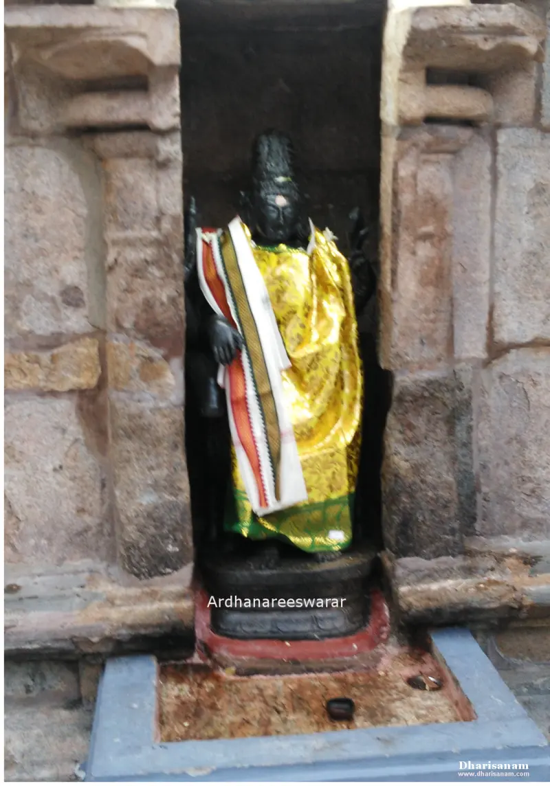 A standing black stone idol in a niche, dressed in yellow silk and a striped shawl