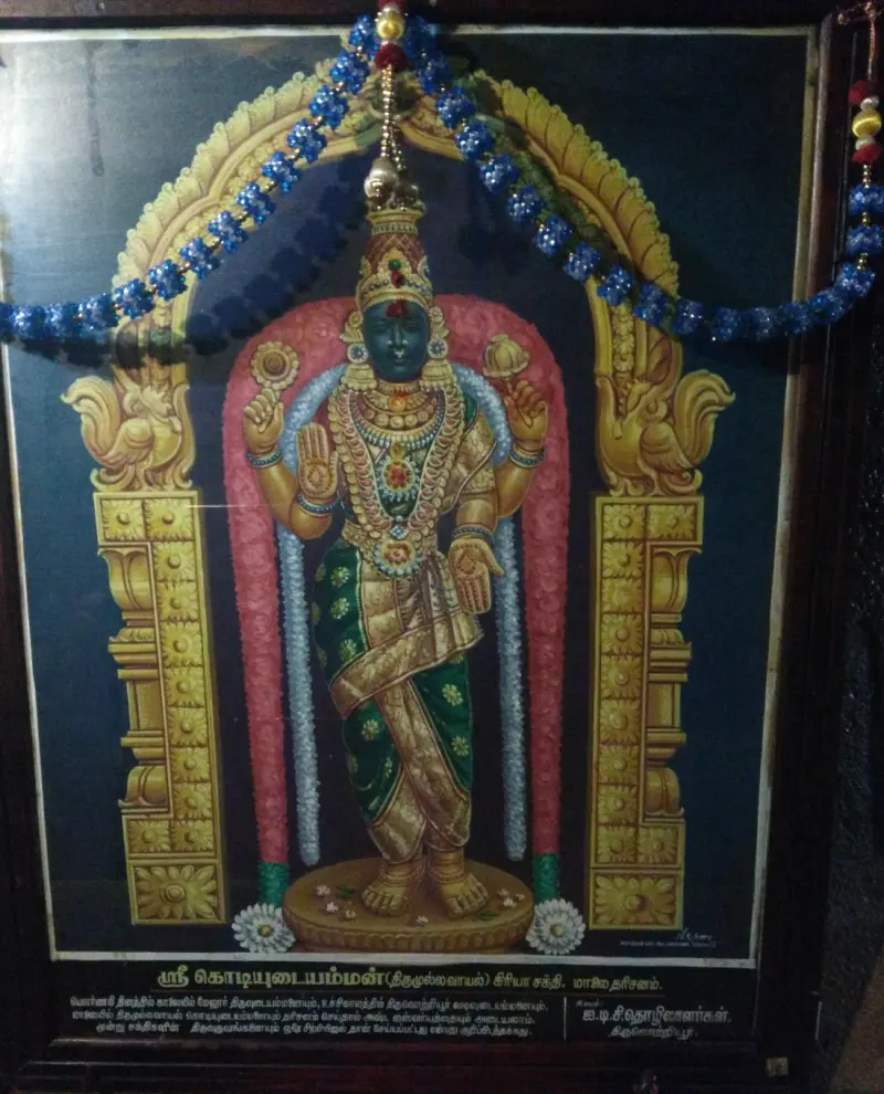 A framed painting of a standing four-armed goddess in green and gold, under a golden arch hung with blue beads.