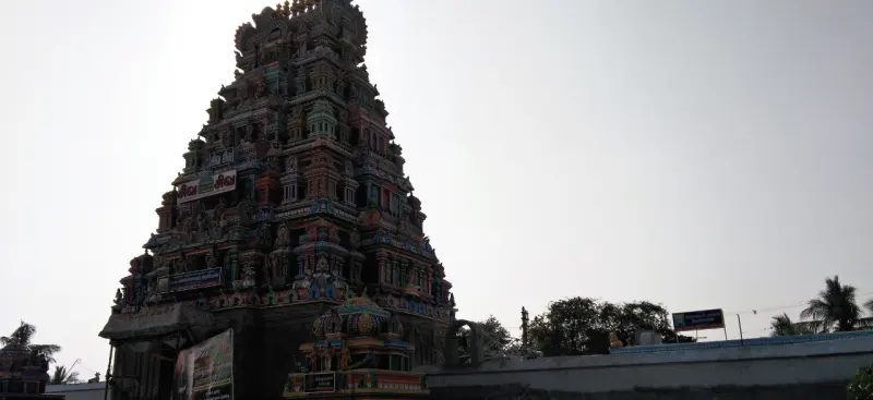 Full view of the colourful five-tier tower against the sky