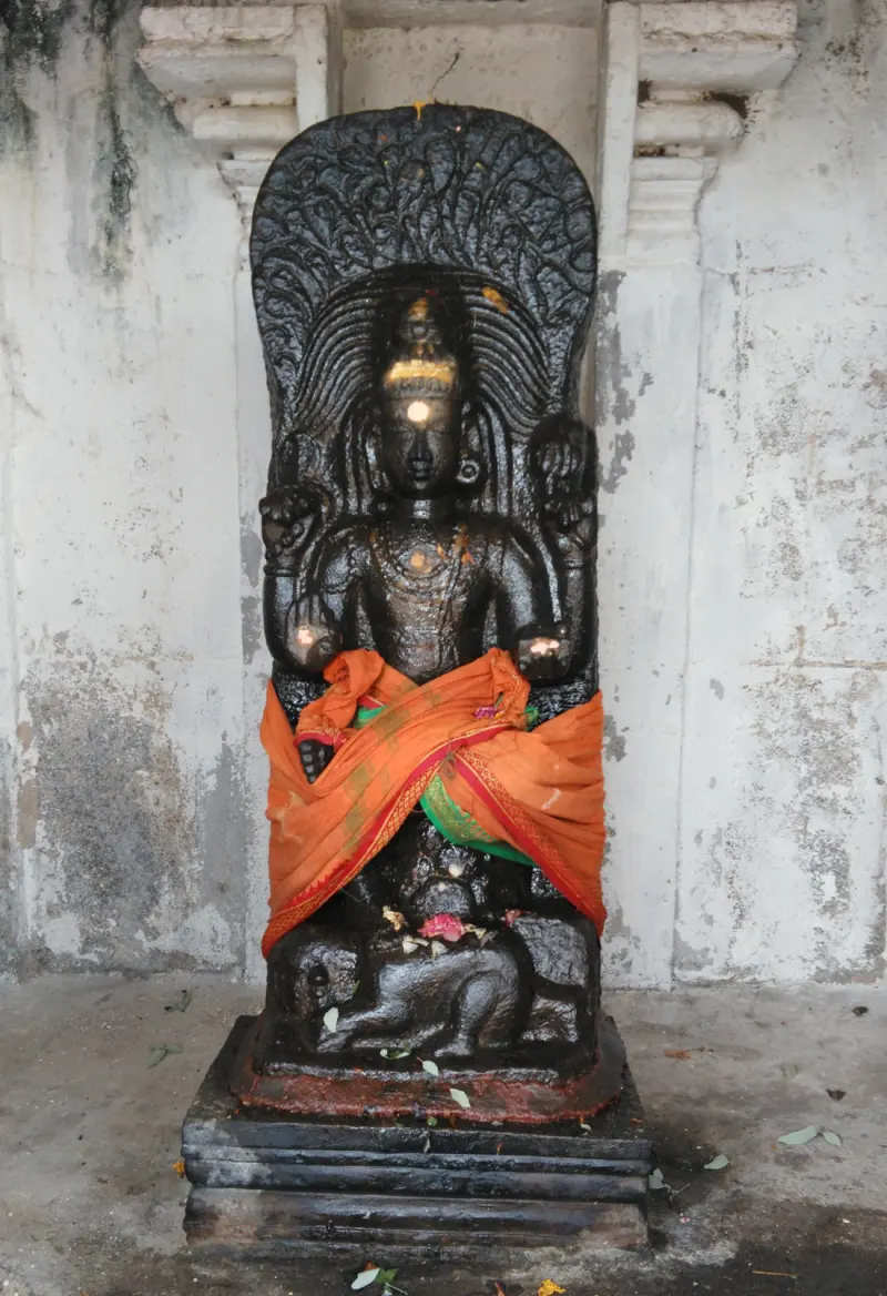 A seated black stone image under a carved arch, draped in an orange cloth, with flowers at its base