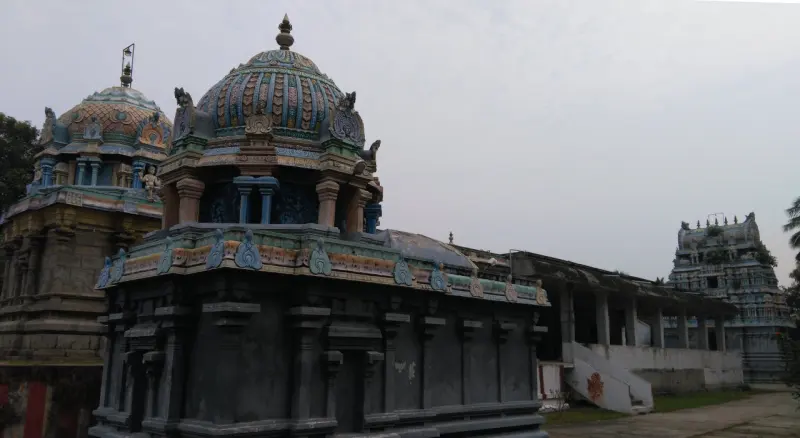 Domed shrine towers with the tall gopuram beyond