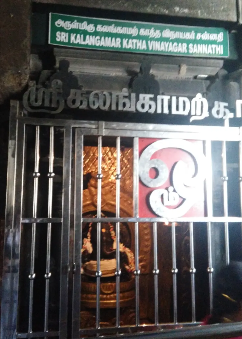 A Vinayakar idol seen through a steel grille, under green and steel name boards