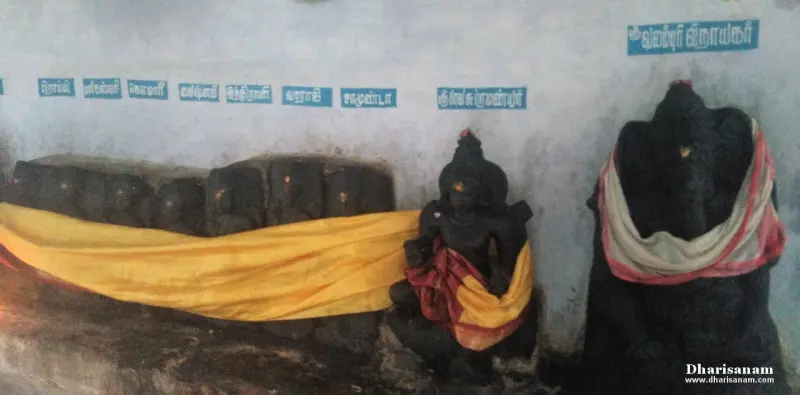 Black stone idols and a row of figures against a wall with blue Tamil name boards