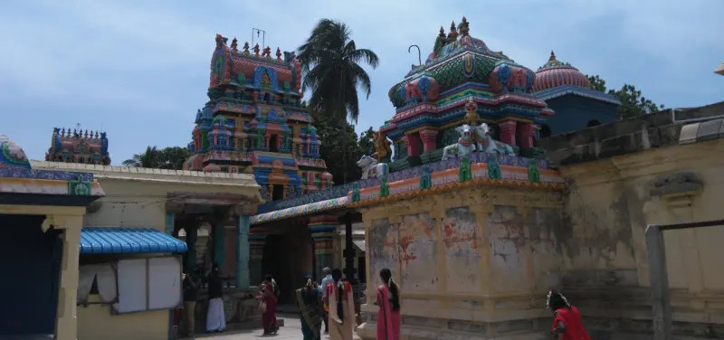 Colourful towers and shrine roofs with a palm tree, seen from the temple walkway